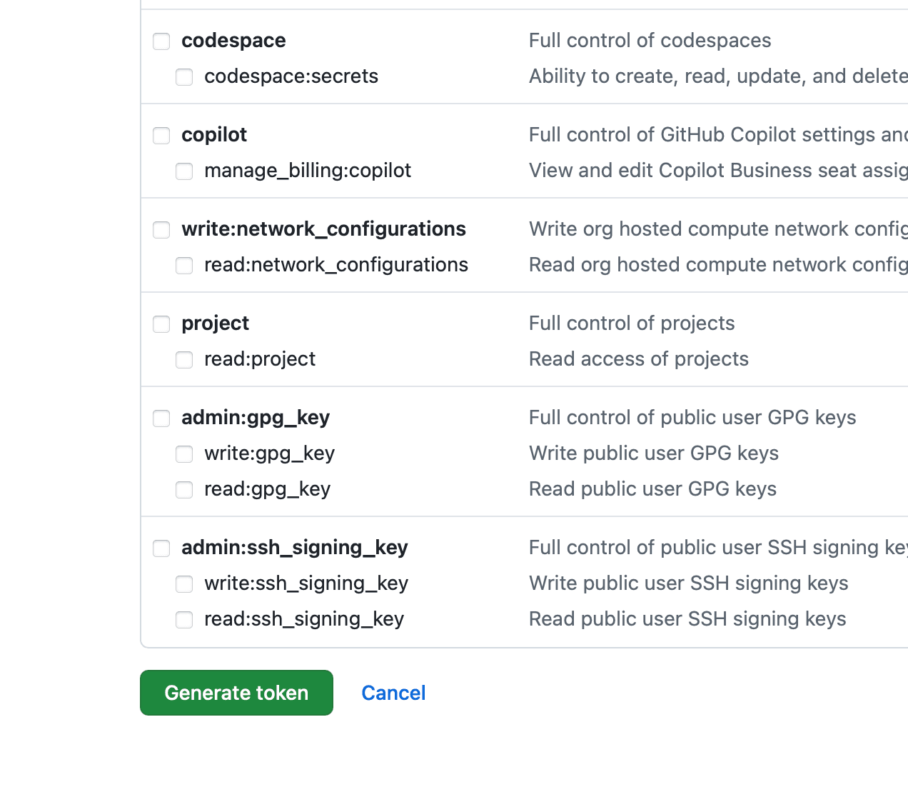Bottom of scopes list with green Generate token button