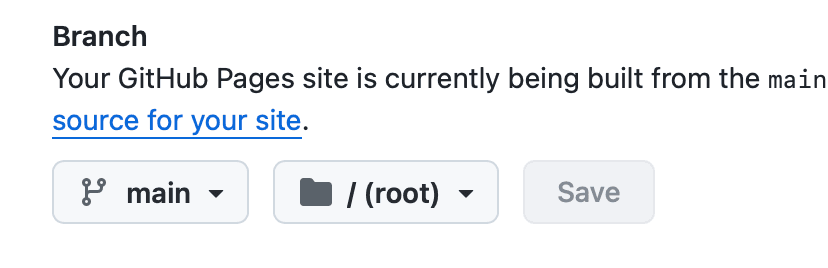 GitHub Pages branch selector showing main and root