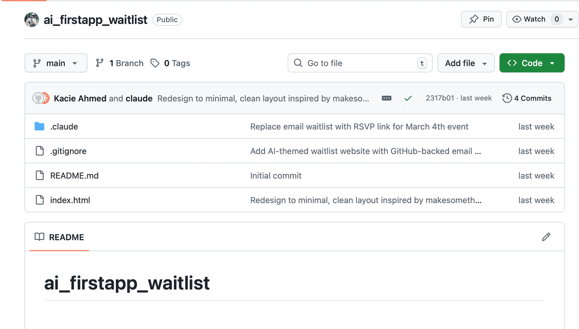 GitHub repo page showing your code files