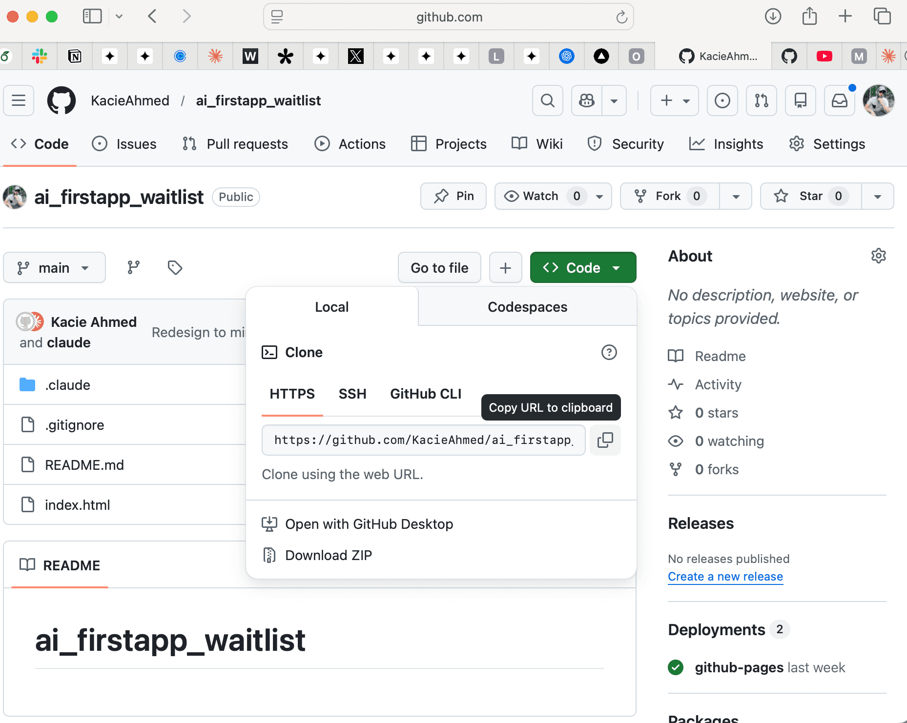 GitHub repo page showing the URL to copy