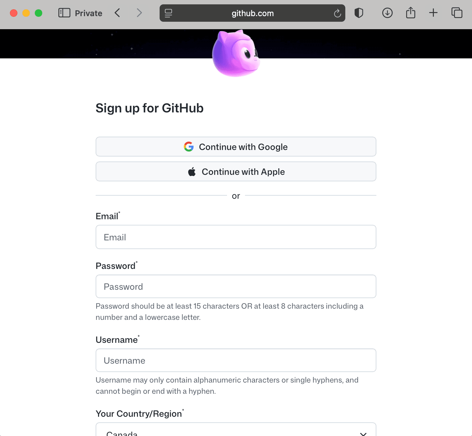 GitHub signup page