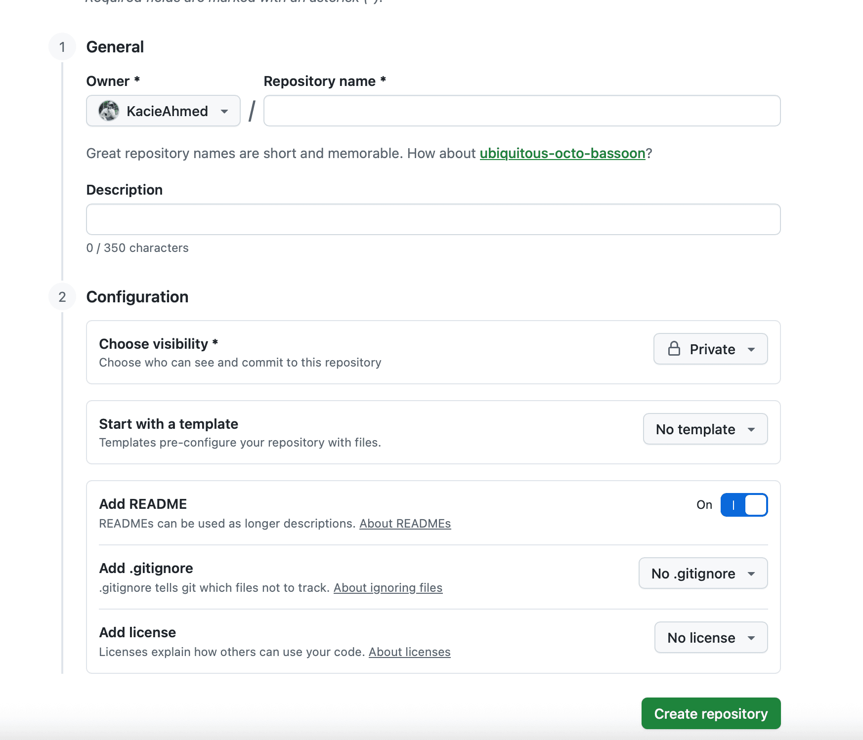 GitHub new repository page