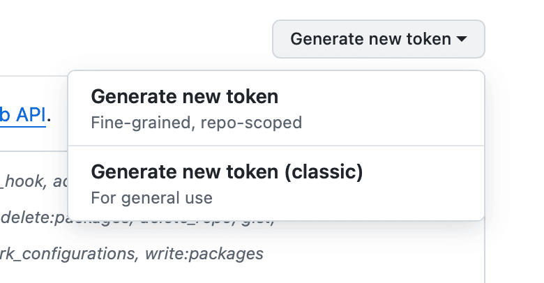 GitHub token dropdown showing Fine-grained and Classic options