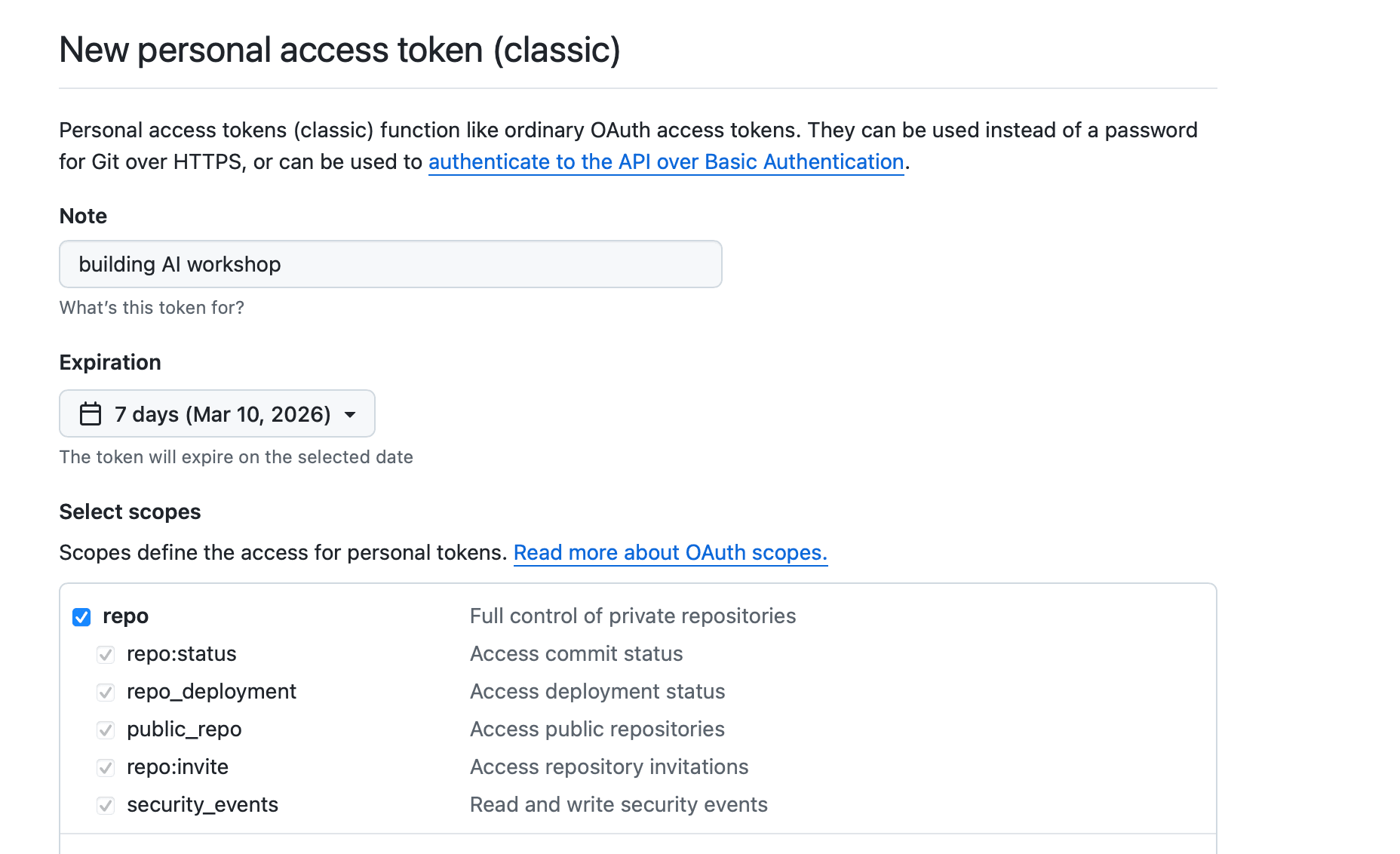 Token fields filled in: note, expiration, and repo checkbox