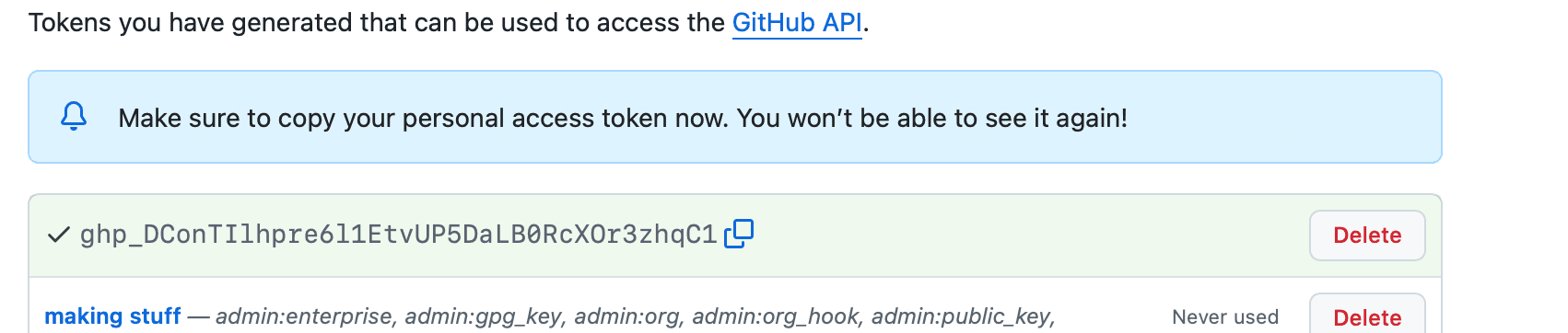 The generated token on screen starting with ghp_