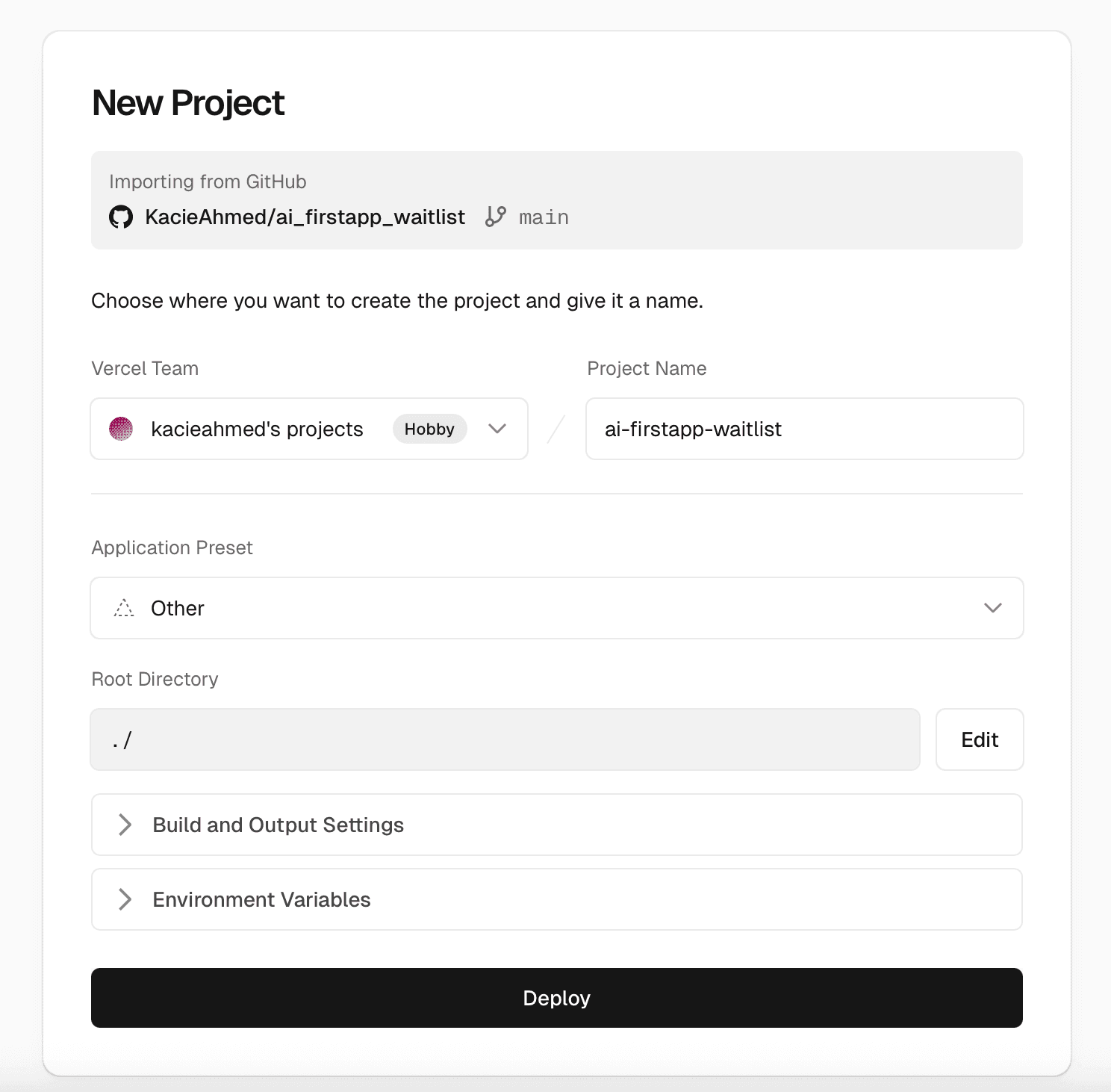 Vercel New Project page with Deploy button