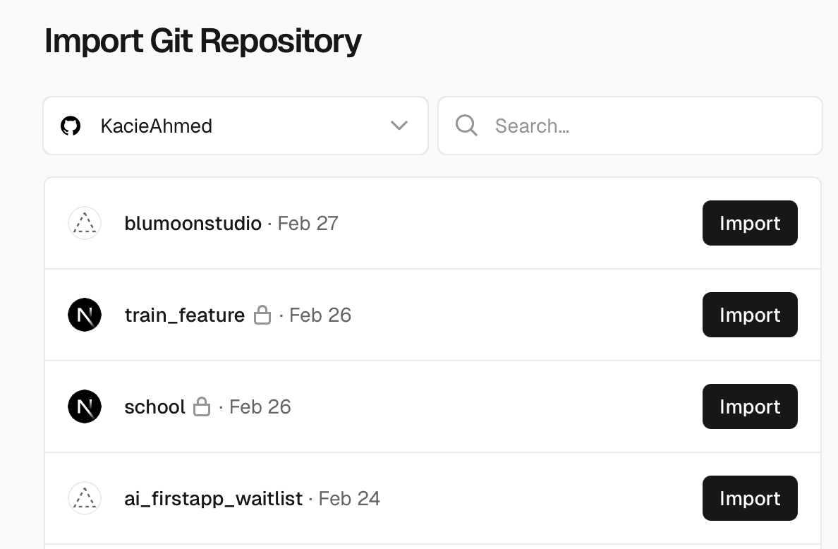 Vercel Import Git Repository page showing repo list